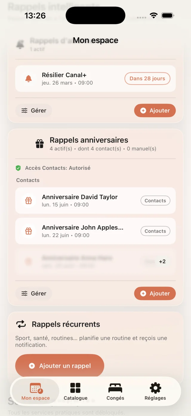 Rappels anniversaires avec contacts et rappels manuels