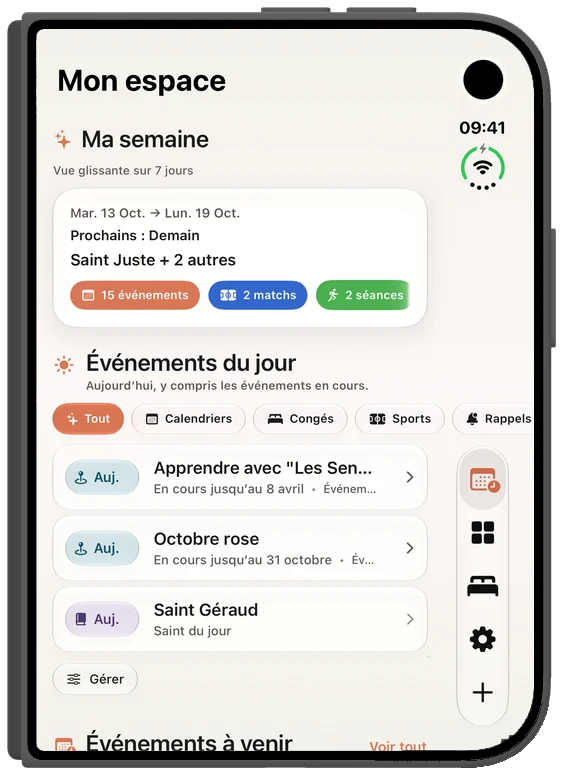 FacilAbo sur iPhone Duo fermé : Mon espace en plein écran, avec les onglets dans une barre verticale à droite
