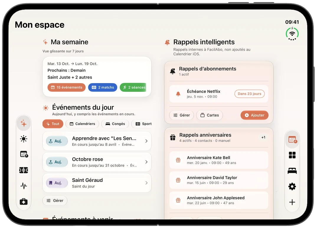 iPhone Duo ouvert : FacilAbo affiche Mon espace sur deux colonnes, la semaine et les événements du jour à gauche, les rappels à droite, avec le sommaire à gauche et les onglets à droite