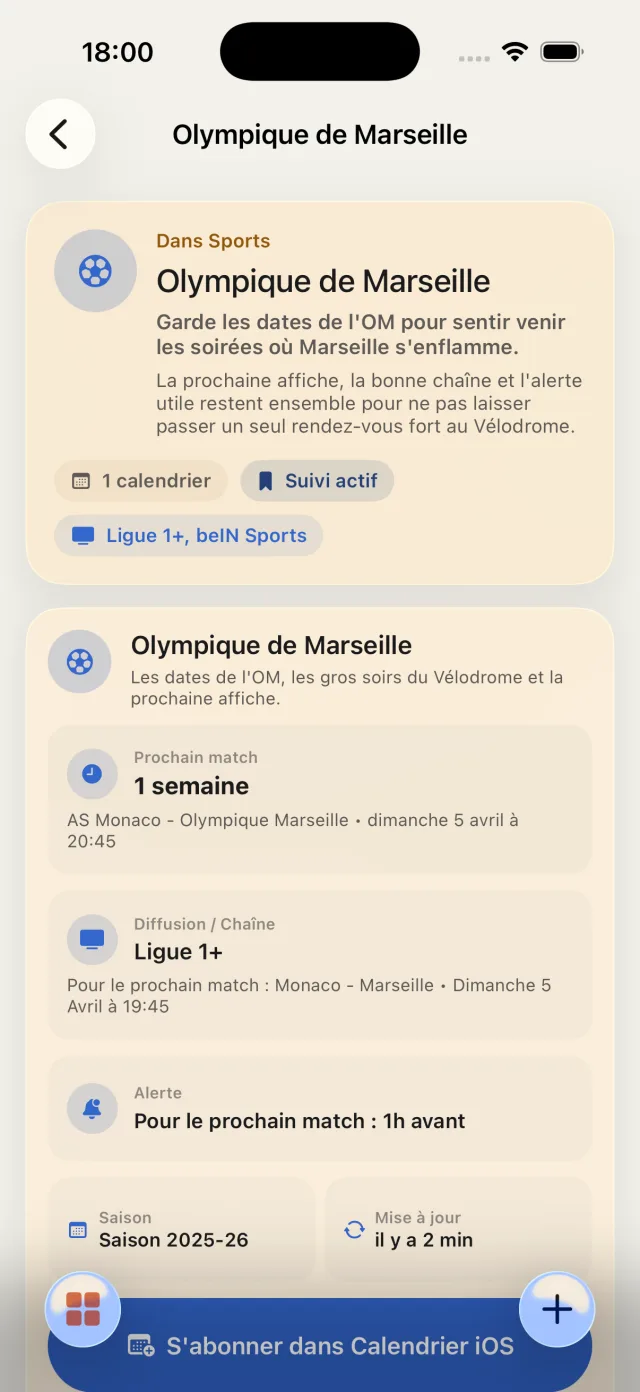 Fiche Olympique de Marseille avec prochain match et suivi actif