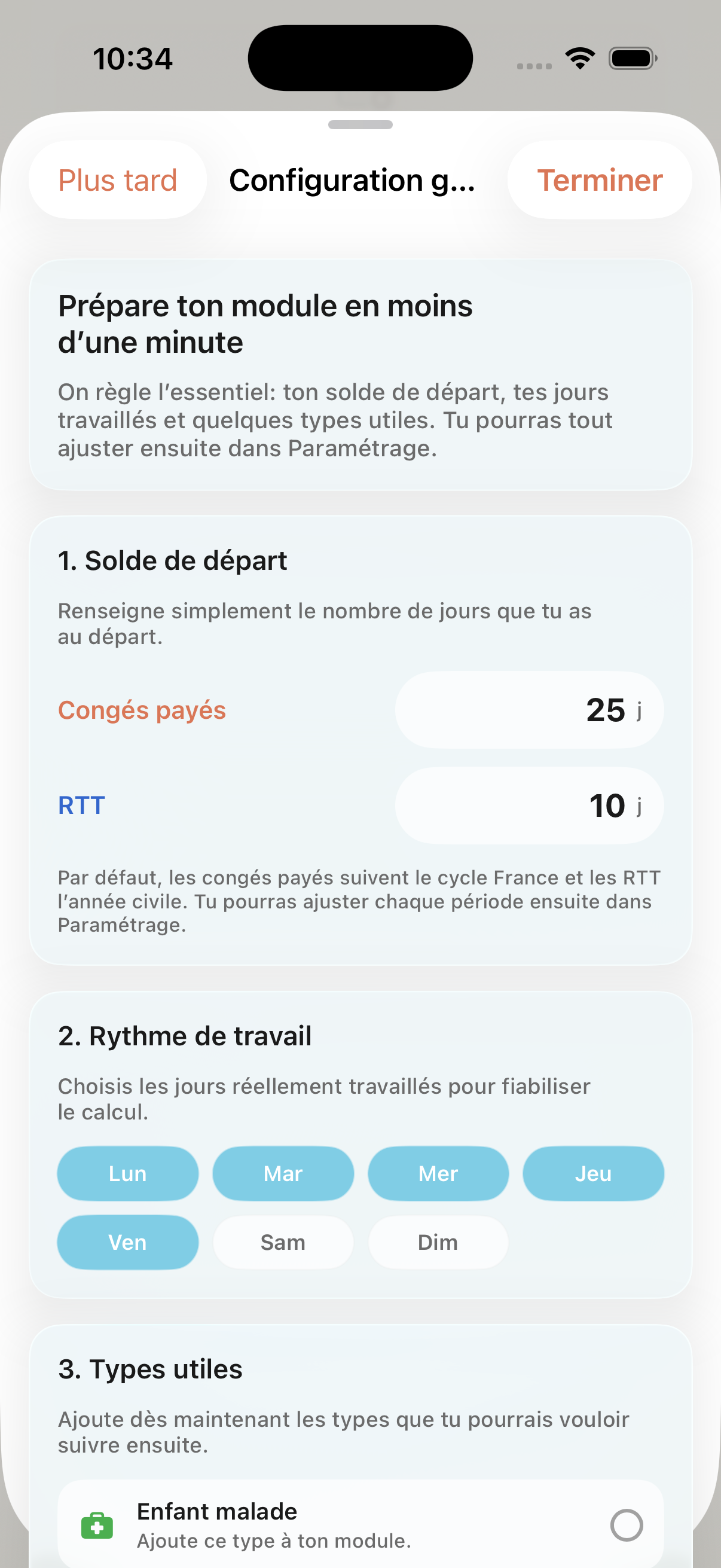 Configuration guidée du module Congés avec solde de départ, rythme de travail et types utiles
