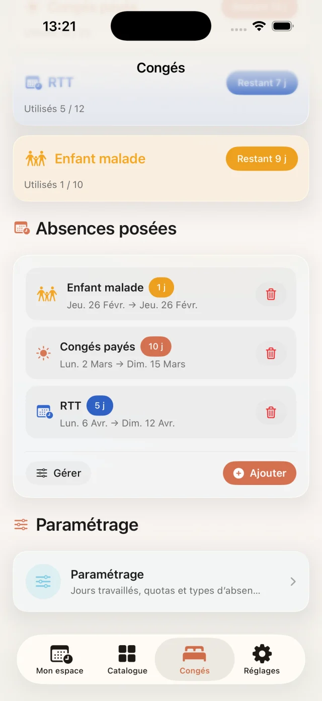 Résumé du module Congés avec compteurs et absences déjà posées